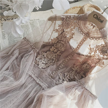 Load image into Gallery viewer, 2019 New Women Fashion Dress Stand Collar Lantern Sleeve Mesh Dress See-through Lace Embroidery Fairy Dress Femme Vestidos Robe