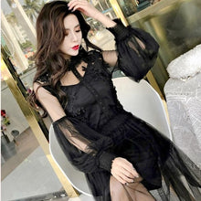Load image into Gallery viewer, 2019 New Women Fashion Dress Stand Collar Lantern Sleeve Mesh Dress See-through Lace Embroidery Fairy Dress Femme Vestidos Robe