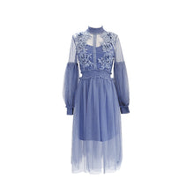 Load image into Gallery viewer, 2019 New Women Fashion Dress Stand Collar Lantern Sleeve Mesh Dress See-through Lace Embroidery Fairy Dress Femme Vestidos Robe