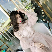 Load image into Gallery viewer, 2019 New Women Fashion Dress Stand Collar Lantern Sleeve Mesh Dress See-through Lace Embroidery Fairy Dress Femme Vestidos Robe